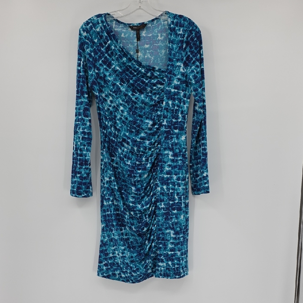 Bcbgmaxazria Blue Asymmetrical Neckline Long Sleeve Rushed Bodycon Dress Size M